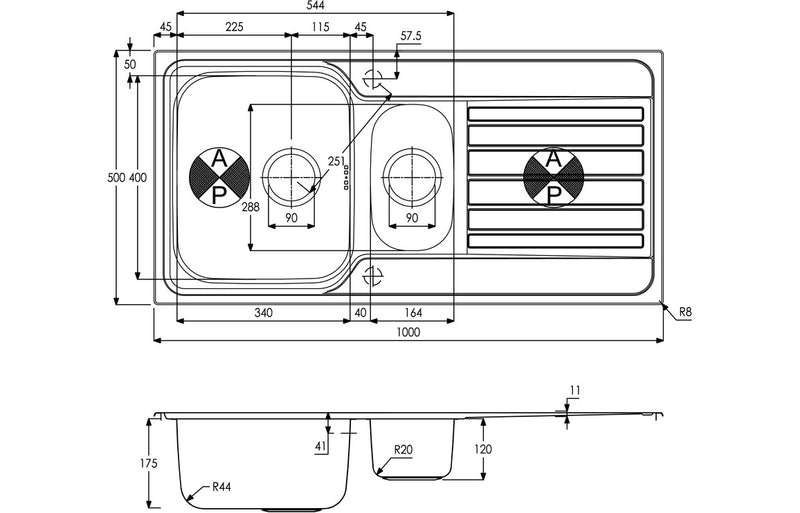 Abode AW5057 Connekt 1.5 Bowl & Drainer Inset Sink - Stainless Steel