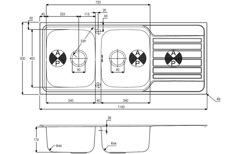 Abode AW5060 Connekt 2 Bowl & Drainer Inset Sink - Stainless Steel