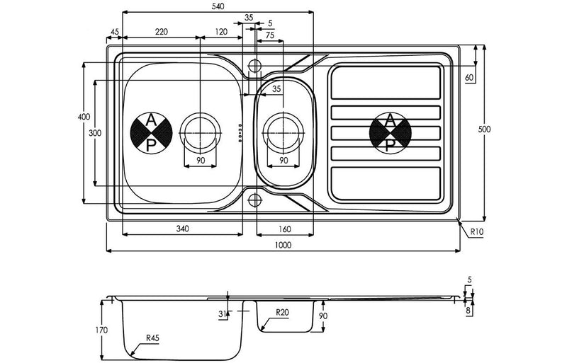 Abode AW5061 Mikro 1000x500mm 1.5 Bowl Inset Sink - Stainless Steel