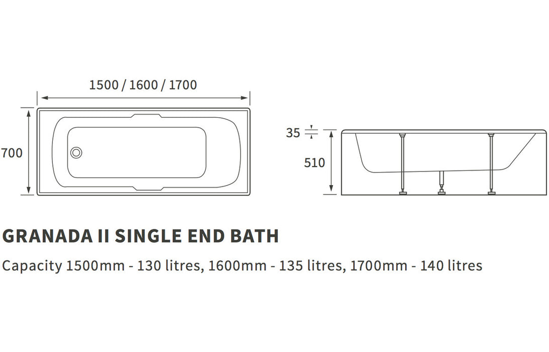 Granada II Single Ended Bath 1700 x 700mm - Chrome Twin Grip Handles - DIBR0032