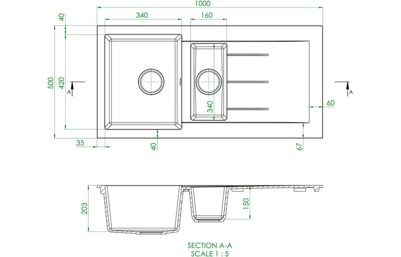 Prima CPR325 1000x500mm 1.5 Bowl Inset Granite Sink - Light Grey