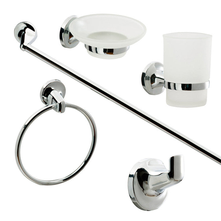 Set of chrome bathroom accessories including a towel bar, holder, soap dish, and more on a white background.
