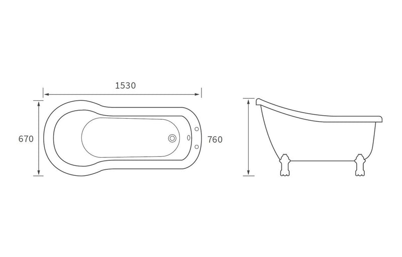 Barmouth Freestanding 1530x670x760mm 2TH Bath w/Feet - KPSB102811