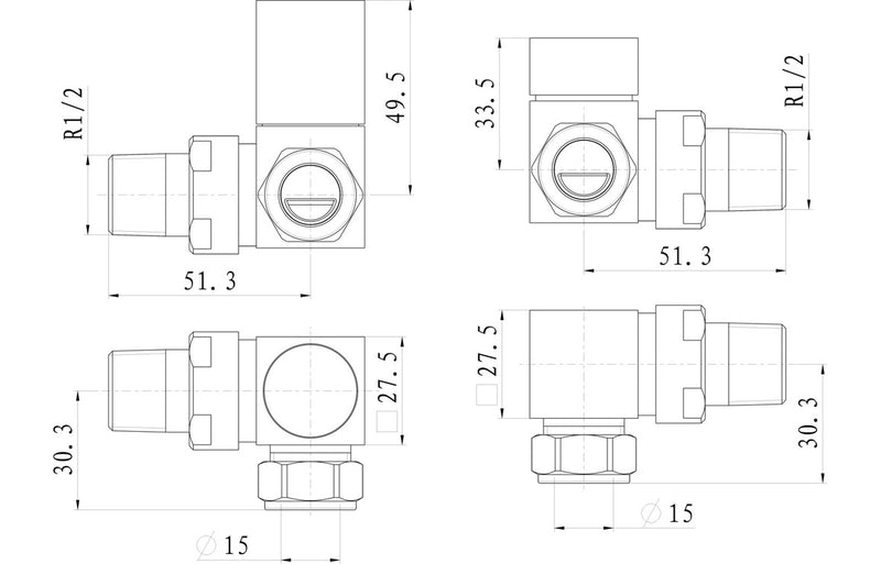 Square Chrome Radiator Valves - Corner - KPSB103020