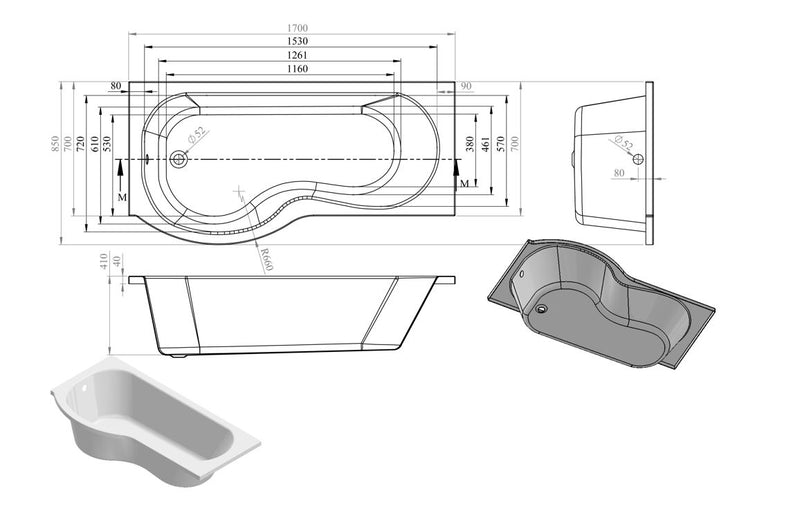 P-Shape Single End 1700x700-850x410mm 0TH Bath Only (LH) - KPSB103895