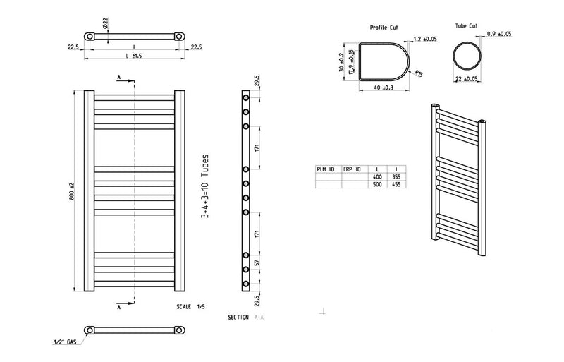 Belgravia Straight 30mm Ladder Radiator (500x800x30mm) - Matt Black - KPSB104979