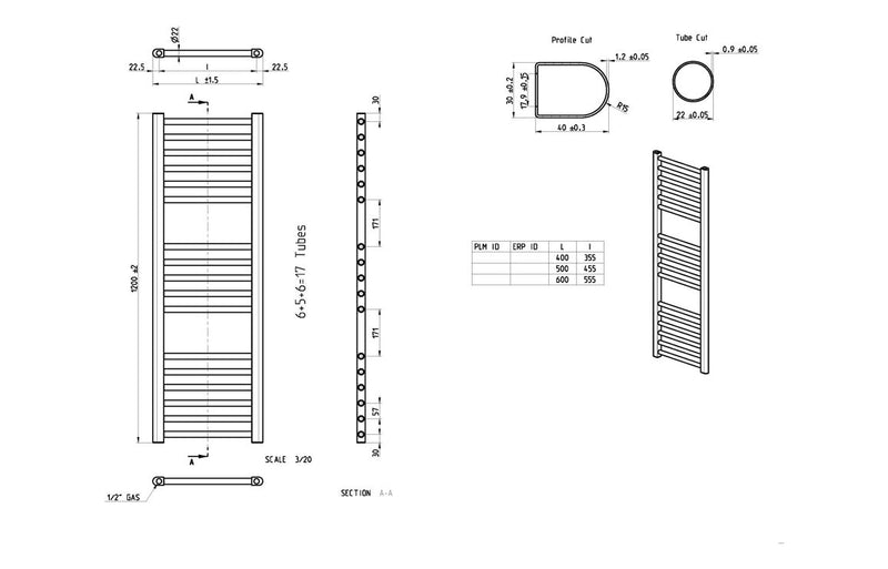 Belgravia Straight 30mm Ladder Radiator (500x1200x30mm) - Matt Black - KPSB104980