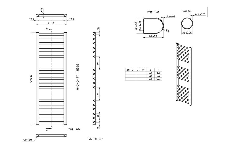 Belgravia Straight 30mm Ladder Radiator (600x1200x30mm) - Matt Black - KPSB104982
