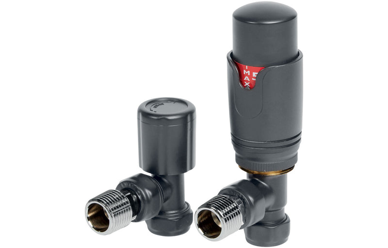 Round Thermostatic Anthracite Radiator Valves - Angled - KPSB104995