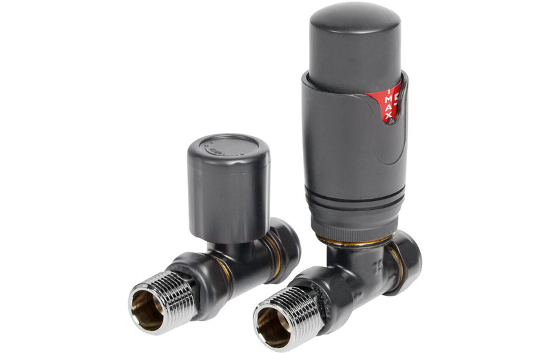 Round Thermostatic Anthracite Radiator Valves - Straight - KPSB104996