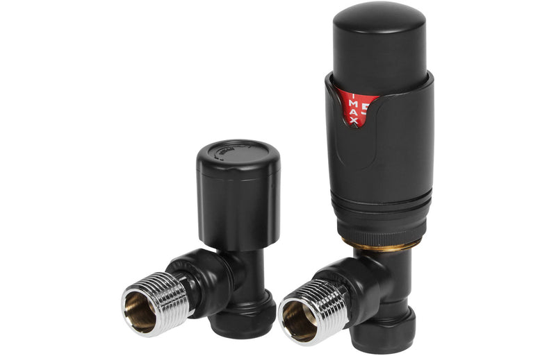 Round Thermostatic Matt Black Radiator Valves - Angled - KPSB104999