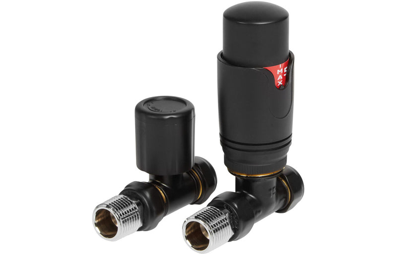 Round Thermostatic Matt Black Radiator Valves - Straight - KPSB105000