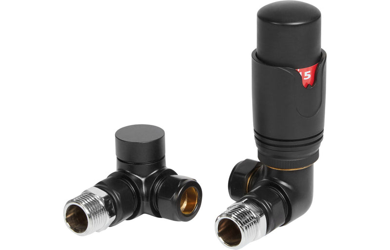 Round Thermostatic Matt Black Radiator Valves - Corner - KPSB105001