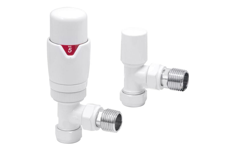 Round Thermostatic White Radiator Valves - Angled - KPSB105003