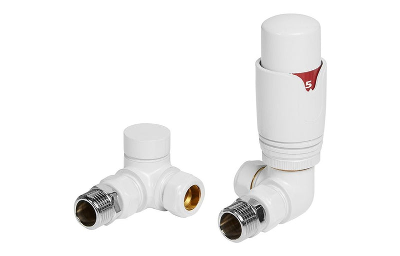 Round Thermostatic White Radiator Valves - Corner - KPSB105004