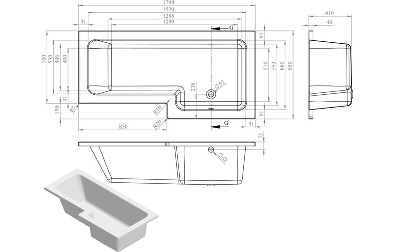 Padstow L Shape 1700x850x560mm 0TH Shower Bath Pack (RH) - Chrome - KPSB105601