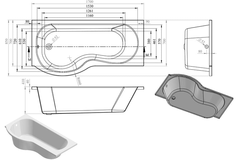 Portobello P Shape 1700x850x560mm 0TH Shower Bath Pack (LH) - KPSB105608