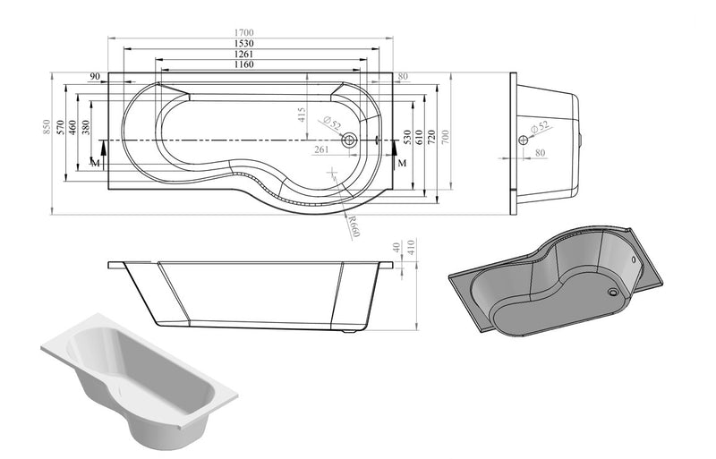 Portobello P Shape 1700x850x560mm 0TH Shower Bath Pack (RH) - KPSB105609