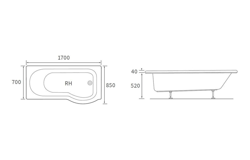 Portobello P Shape 1700x850x560mm 0TH Shower Bath Pack (RH) - KPSB105609