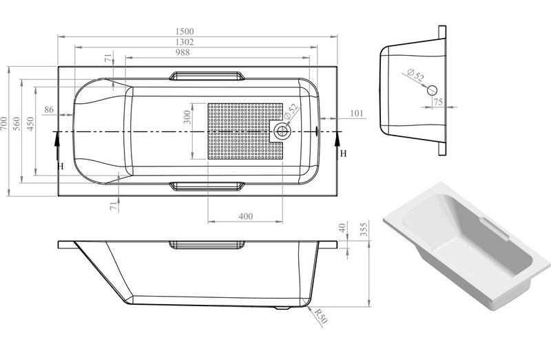 Barmouth Gripped 1500x700x550mm 0TH Bath w/Legs - KPSB105614