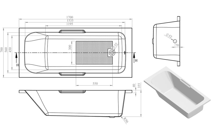 Barmouth Gripped 1700x700x550mm 0TH Bath w/Legs - KPSB105616