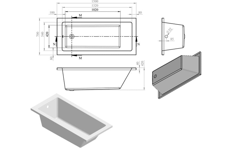 Padstow Square Single End 1500x700x550mm 0TH Bath w/Legs - KPSB105619