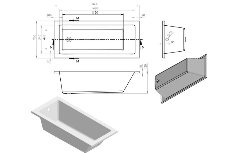 Padstow Square Single End 1600x700x550mm 0TH Bath w/Legs - KPSB105620