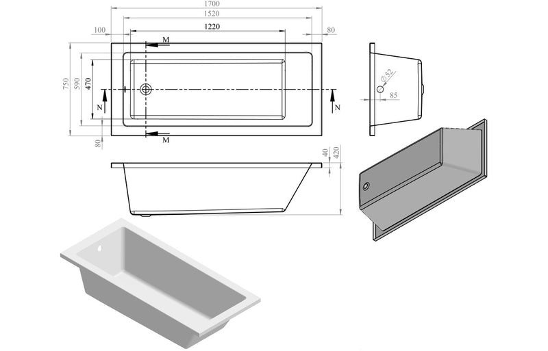 Padstow Square Single End 1700x750x550mm 0TH Bath w/Legs - KPSB105622