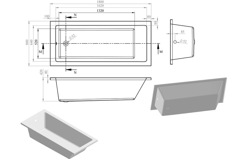 Padstow Square Single End 1800x800x550mm 0TH Bath w/Legs - KPSB105623