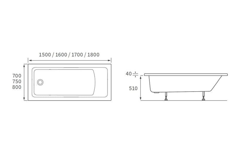 Padstow Square Single End 1800x800x550mm 0TH Bath w/Legs - KPSB105623