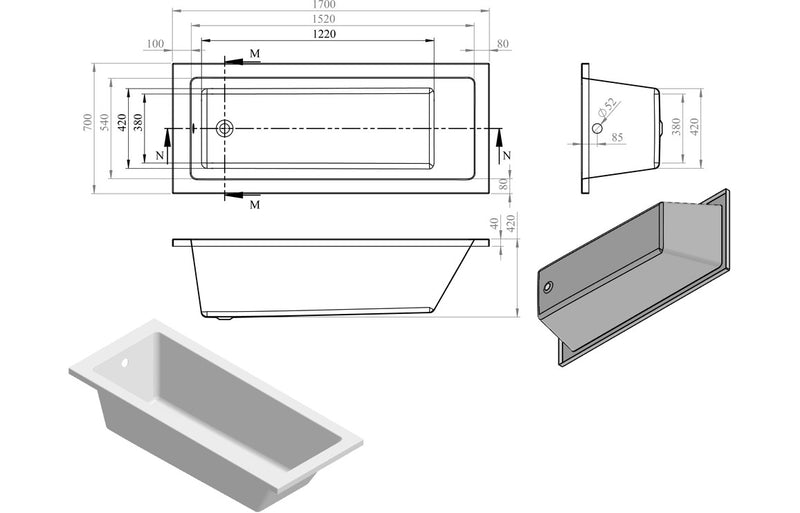Padstow Square Single End SUPERCAST 1700x700x550mm 0TH Bath w/Legs - KPSB105625