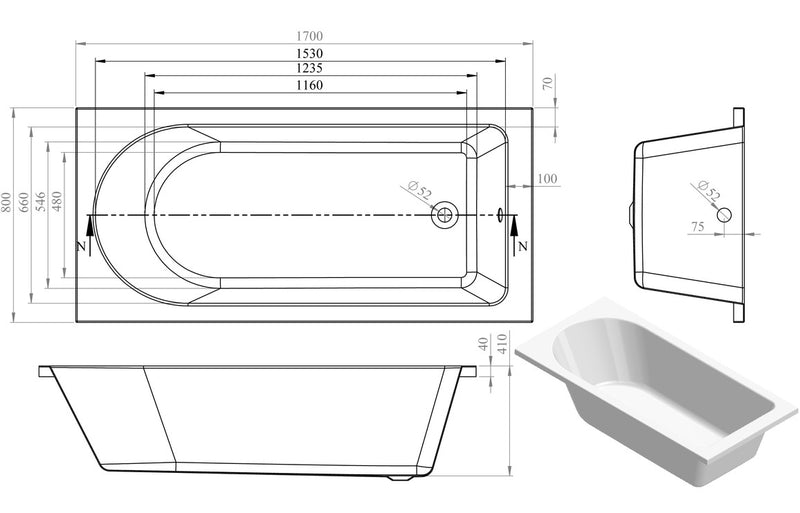 Lowestoft Round Single End 1700x800x550mm 0TH Bath w/Legs - KPSB105632