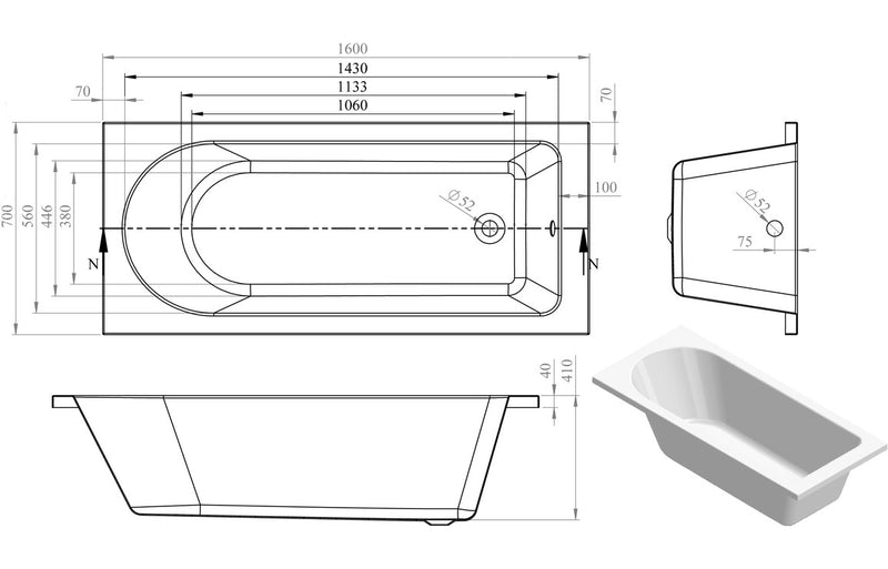 Lowestoft Round Single End SUPERCAST 1600x700x550mm 0TH Bath w/Legs - KPSB105636