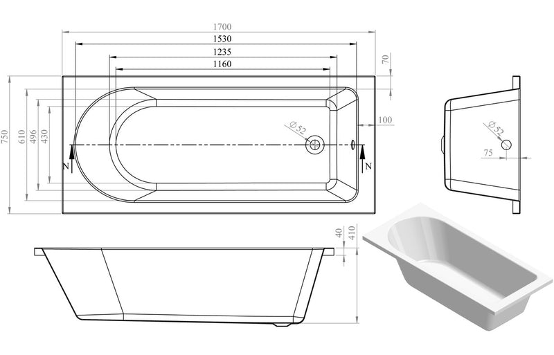 Lowestoft Round Single End SUPERCAST 1700x750x550mm 0TH Bath w/Legs - KPSB105638
