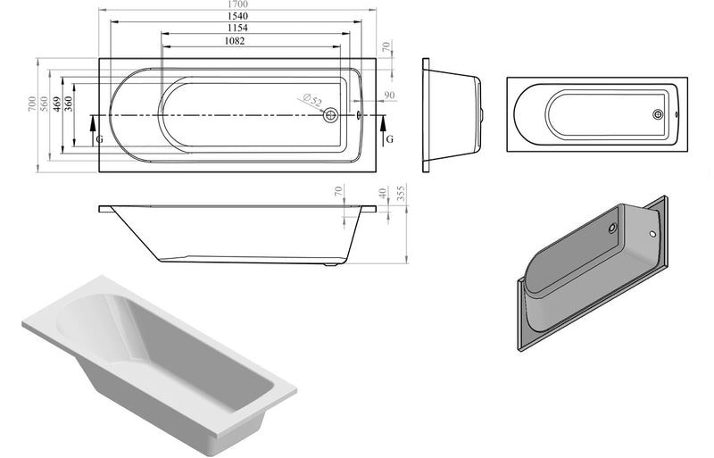 Preston D Shape Single End SUPERCAST 1700x700x550mm 2TH Bath w/Legs - KPSB105640