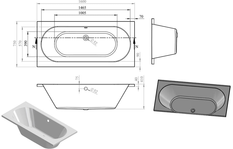 Lowestoft Round Double End 1600x750x550mm 0TH Bath w/Legs - KPSB105642