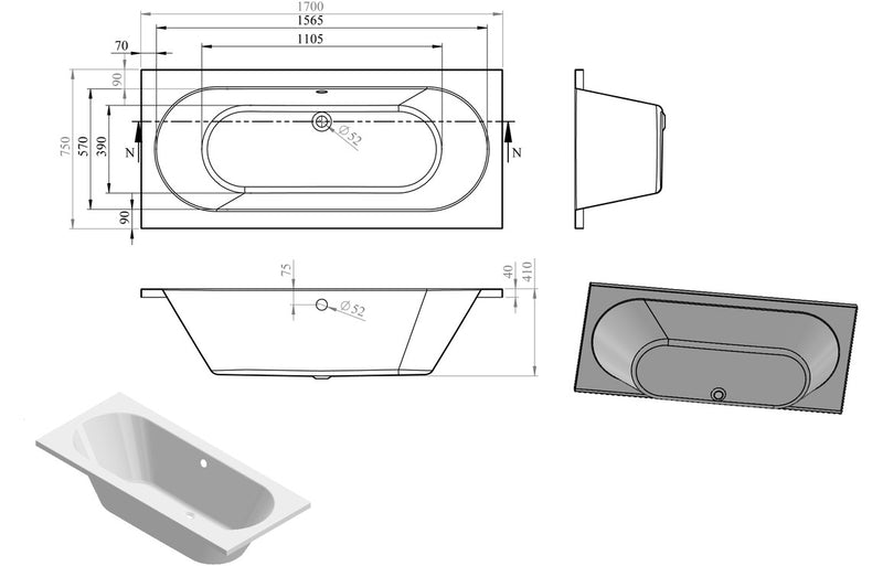 Lowestoft Round Double End 1700x750x550mm 0TH Bath w/Legs - KPSB105644