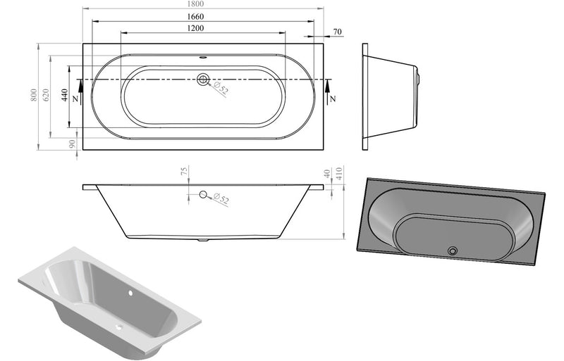 Lowestoft Round Double End SUPERCAST 1800x800x550mm 0TH Bath w/Legs - KPSB105649
