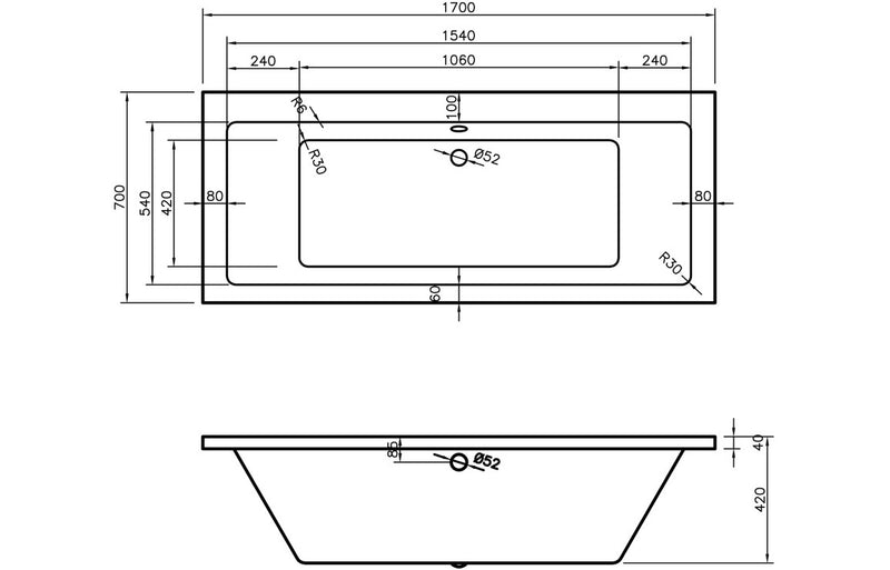 Padstow Square Double End 1700x700x550mm 0TH Bath w/Legs - KPSB105651