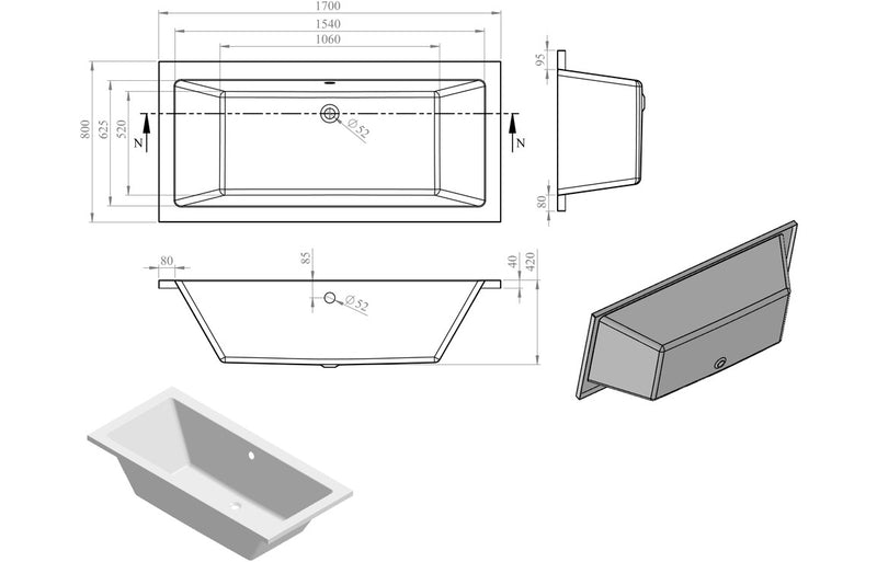 Padstow Square Double End 1700x800x550mm 0TH Bath w/Legs - KPSB105653