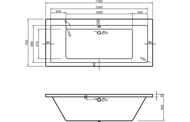 Padstow Square Double End SUPERCAST 1700x750x550mm 0TH Bath w/Legs - KPSB105657