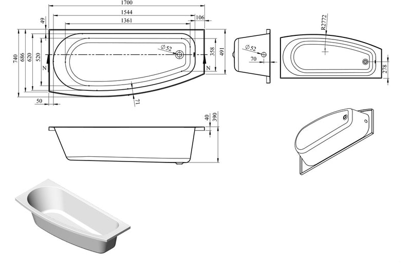 Folkestone Space Saving 1700x740x560mm 0TH Bath w/Legs (LH) - KPSB105659
