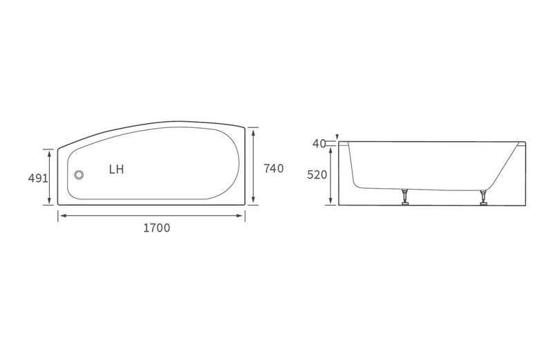 Folkestone Space Saving 1700x740x560mm 0TH Bath w/Legs (LH) - KPSB105659