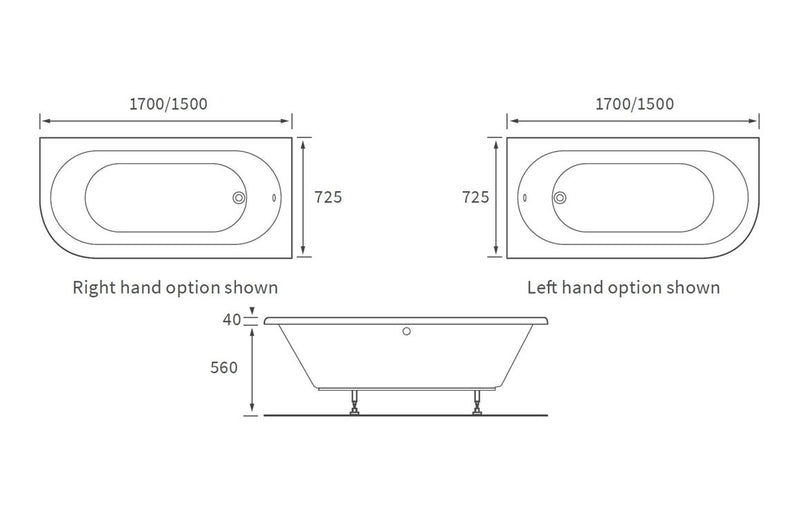 Tenby J Shape 1700x725x600mm 0TH Bath w/Legs (RH) - KPSB105664