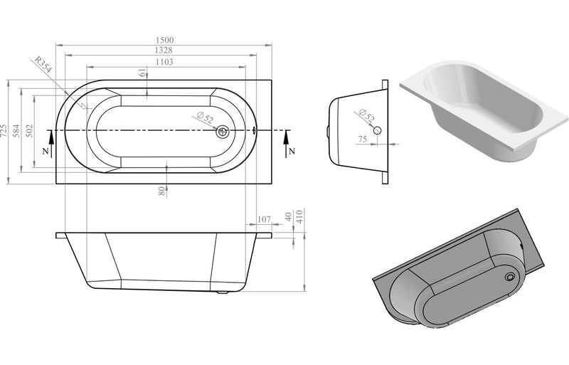 Tenby J Shape 1500x725x600mm 0TH Bath w/Legs (LH) - KPSB105665