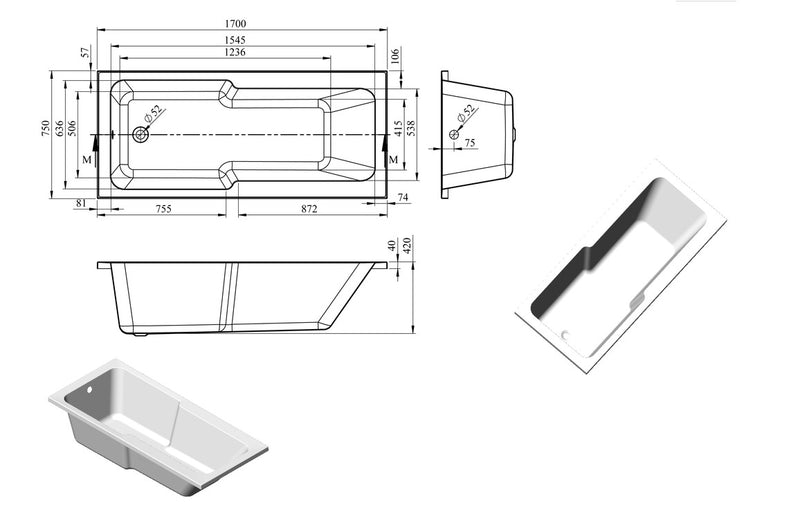Pembrey Straight 1700x750x550mm 0TH "C" Shower Bath w/Legs - KPSB105667