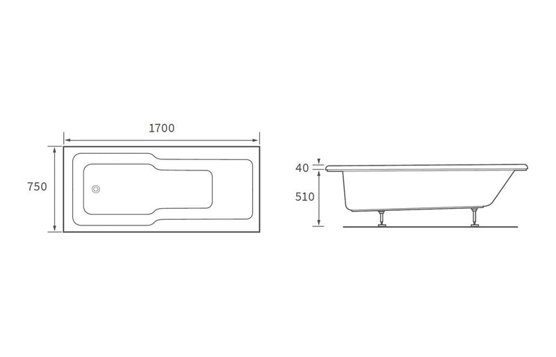 Pembrey Straight 1700x750x550mm 0TH "C" Shower Bath w/Legs - KPSB105667
