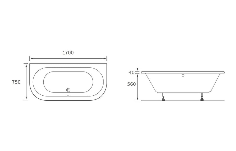 Sidmouth Back To Wall 1700x750x600mm 0TH Bath w/Legs - KPSB105668