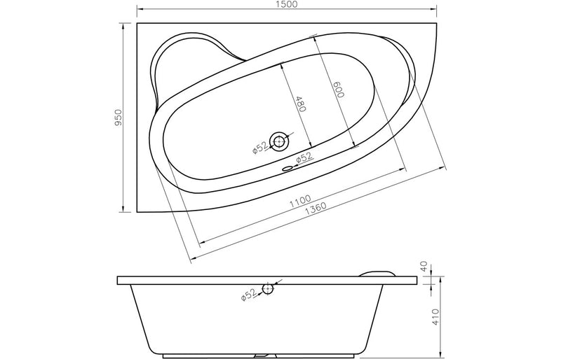 Newquay 1500x950x600mm 0TH Offset Corner Bath w/Legs (LH) - KPSB105672