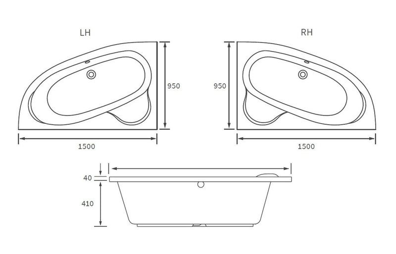 Newquay 1500x950x600mm 0TH Offset Corner Bath w/Legs (LH) - KPSB105672